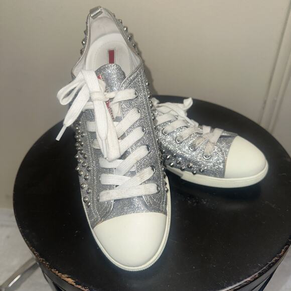 Prada Silver Glitter Studded Low Top Sneakers EU 40 - Picture 3 of 16